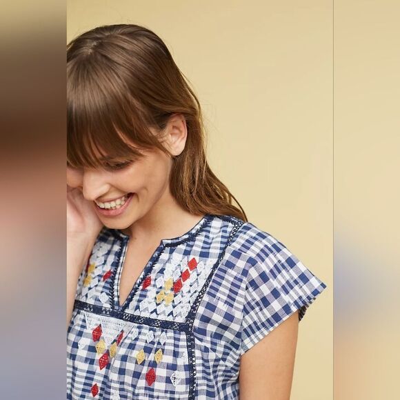 Anthropologie Kopal Freya Embroidered Gingham Top Cap Sleeve Boho Peasant Small - Picture 3 of 9
